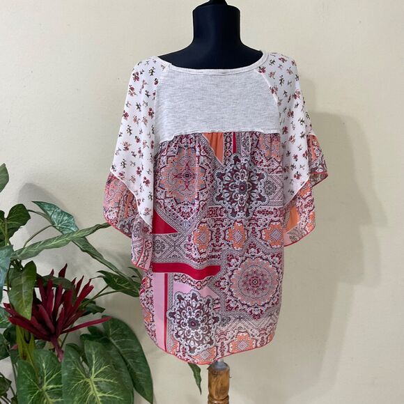 Hummingbird Boho blouse top women’s M mixed media V Neck tie waist flutter sleev - Picture 4 of 7